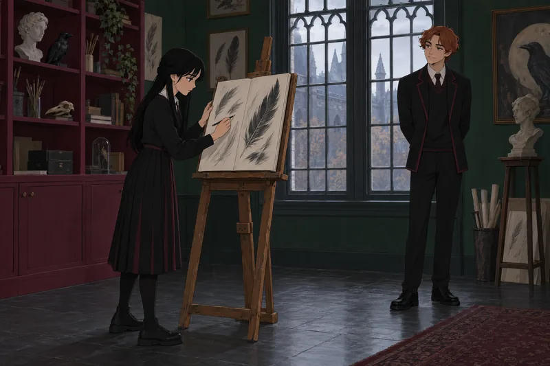 Nevermore Quiz: a student protects a sketchbook.