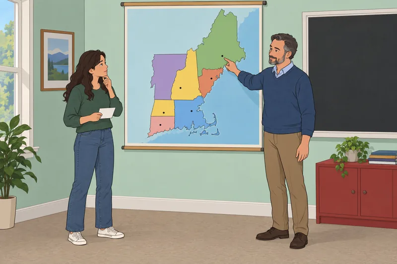 New England States map guides a classroom recall.