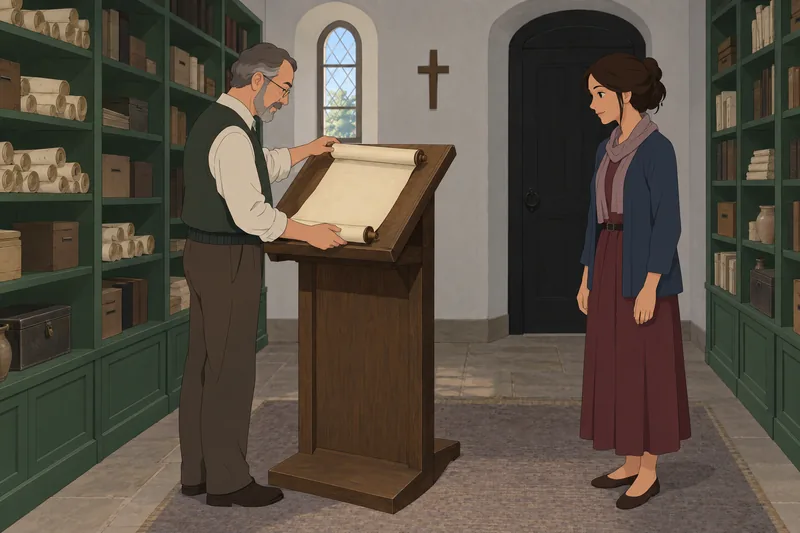 New Testament Bible scroll in an archive room.