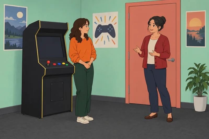 Nintendo Character Quiz beside a colorful arcade cabinet.