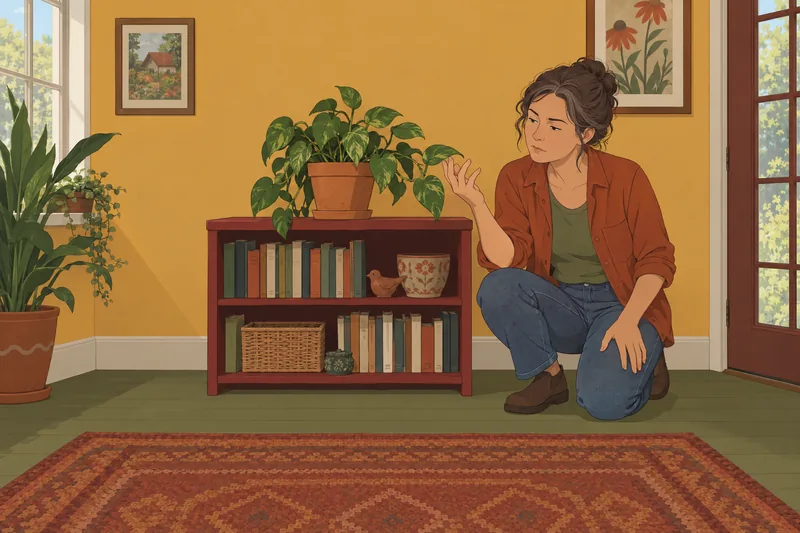 Depersonalization Test captures detached attention near a houseplant.