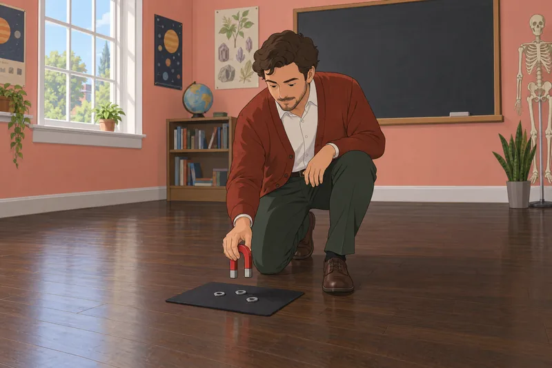 Objects Quiz shows a teacher testing magnetism.