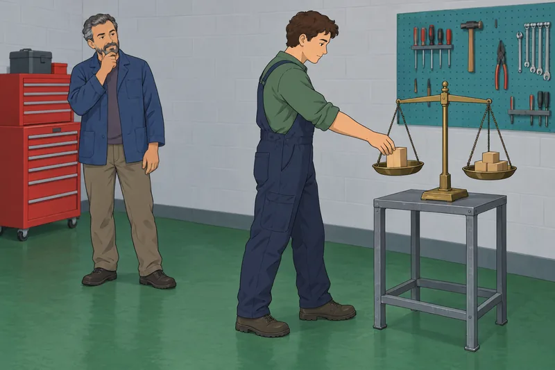 Observation and Inference: apprentice steadies a balance scale.