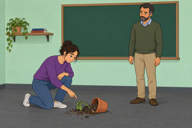 Observation and Inference: teacher examines a fallen pot.