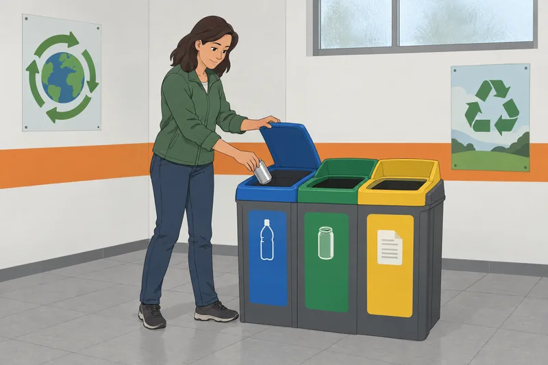 Environmental Responsibility Scale appears in a recycling room.