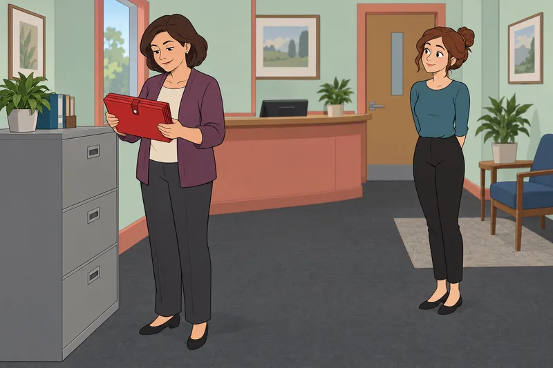 Quiz de personajes muestra colegas ordenando carpetas.