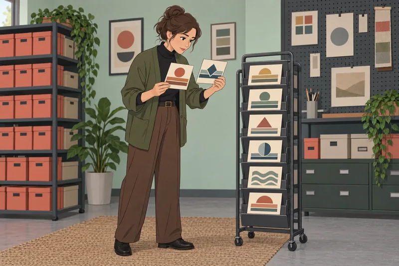 Old Logos Quiz shows an archivist comparing cards.