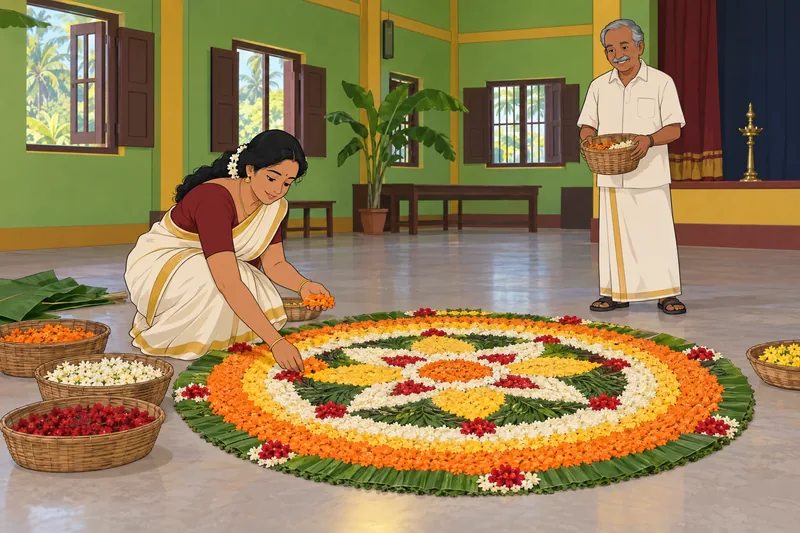 Onam Quiz shows a Kerala hall pookkalam.