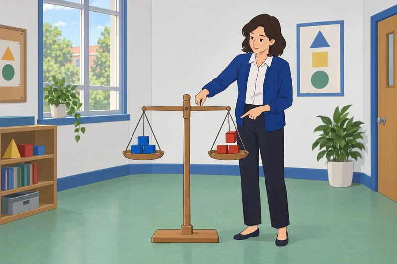 One and Two teacher balances blocks for equality.