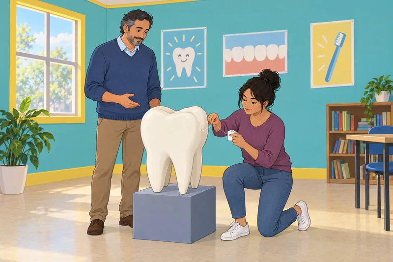 Oral Quiz: a learner practices flossing.