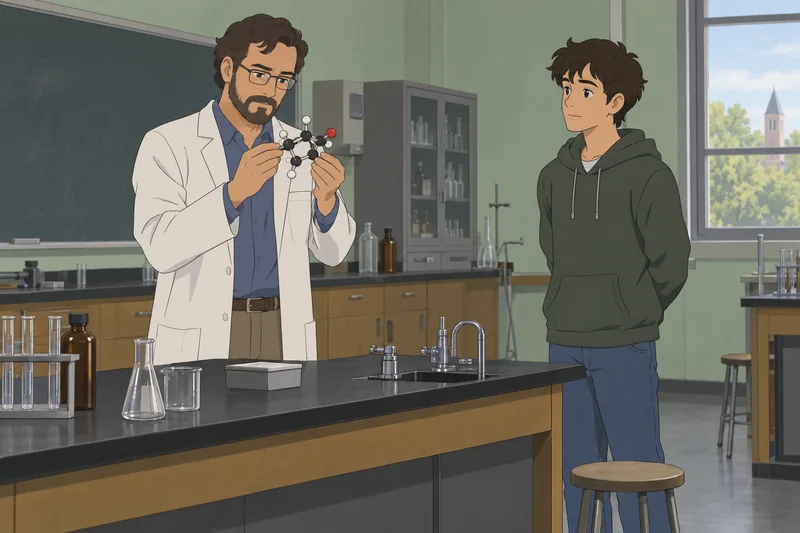 El cuestionario de química: escena de laboratorio docente.