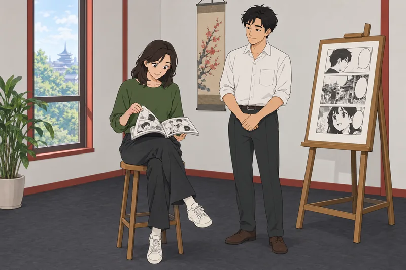 Quiz ¿Otaku o? Una estudiante examina manga.