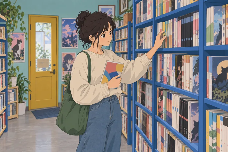 Otaku Quiz shows a fan choosing manga.