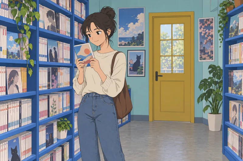 Quiz otaku muestra a una fan eligiendo manga.