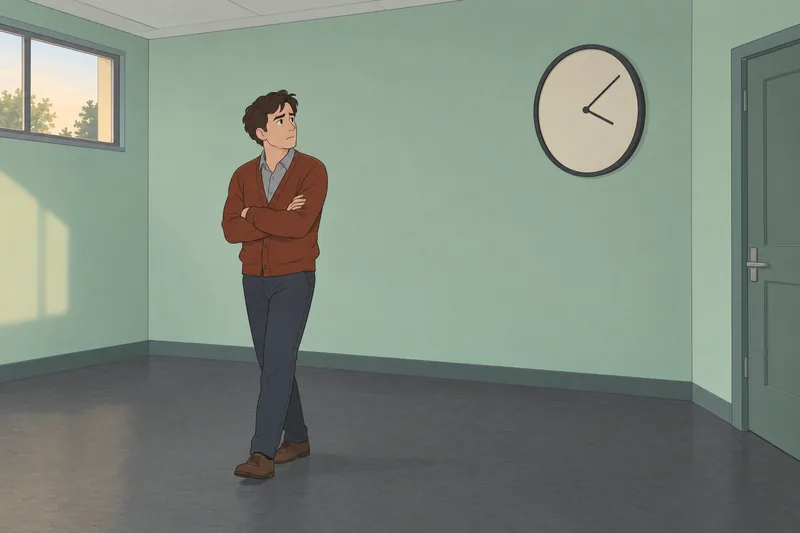 Escena de sobrepensamiento y reloj que sigue corriendo.