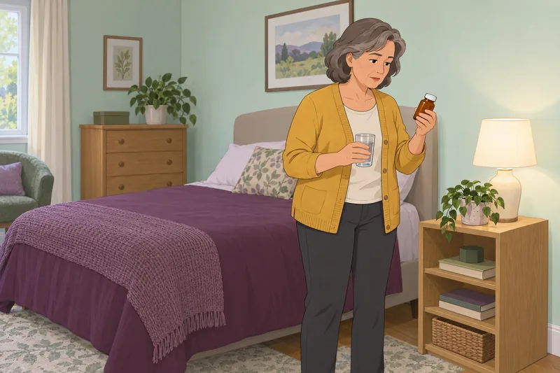 Pain Quiz shows careful medicine checking at home.