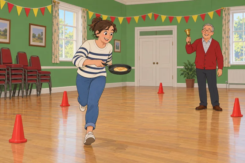 Pancake Day Quiz shows a parish-hall pancake race.