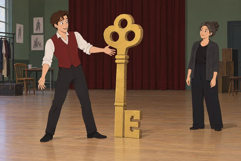 Pantomime Quiz: Actor rehearses beside a magic key.