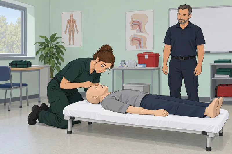 Paramedic Quiz: learner checks an airway mannequin.
