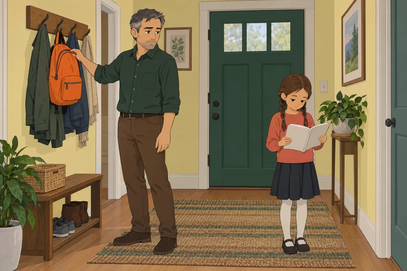 Parental burnout quiz: father pauses in hallway.