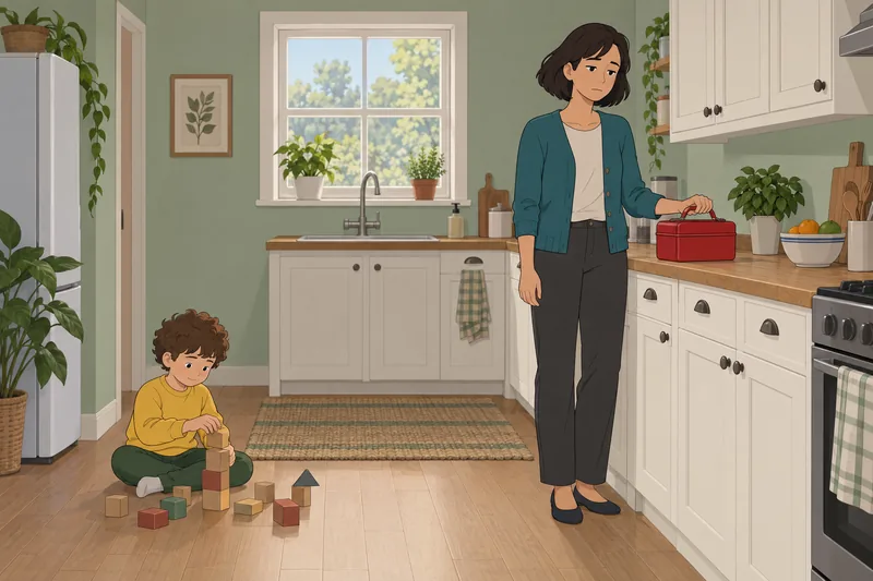 Parental burnout quiz: tired mother stands nearby.