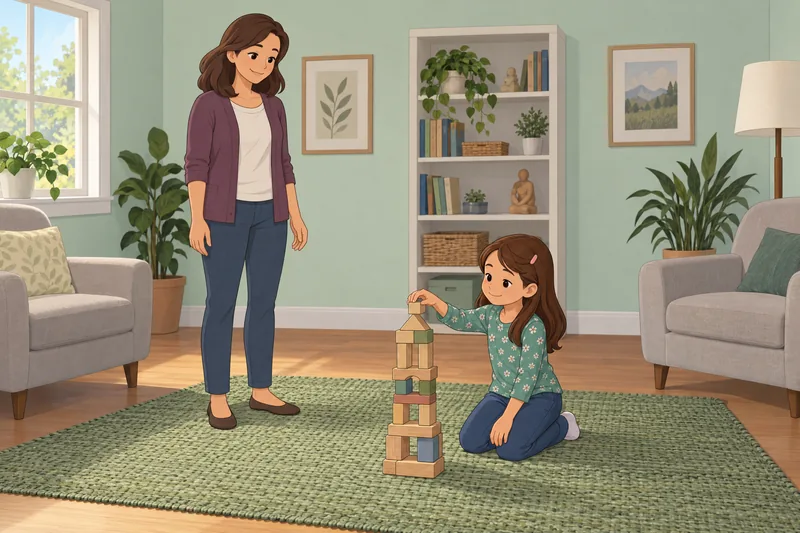 Parental Satisfaction Scale shows a calm block-building moment.