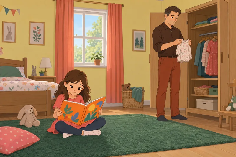 Parental Stress Scale parent sorts clothes nearby.