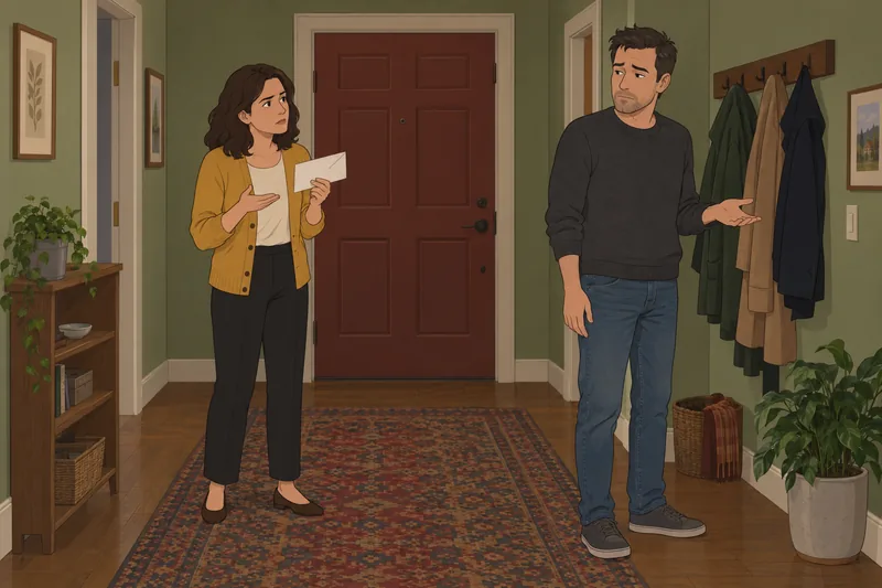 Passive Aggressive Husband stands apart in a hallway.