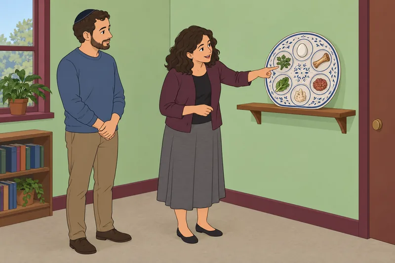 Passover Quiz: adults study a seder plate.