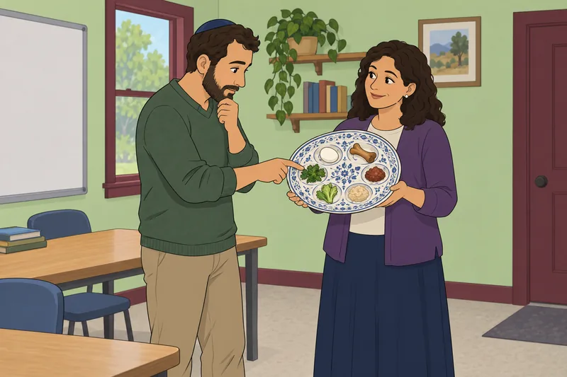 cuestionario sobre Pésaj: adultos estudian un plato ritual.
