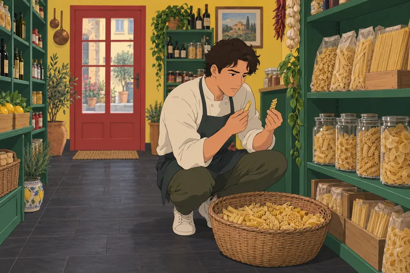 Pasta Quiz shows a shopper sorting dried shapes.
