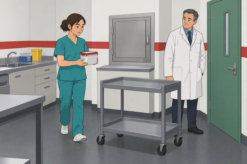 Pathology Quiz shows a technician carrying a sample.