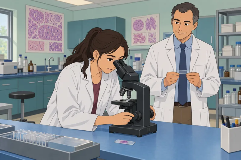 Pathology Quiz shows a student examining tissue.