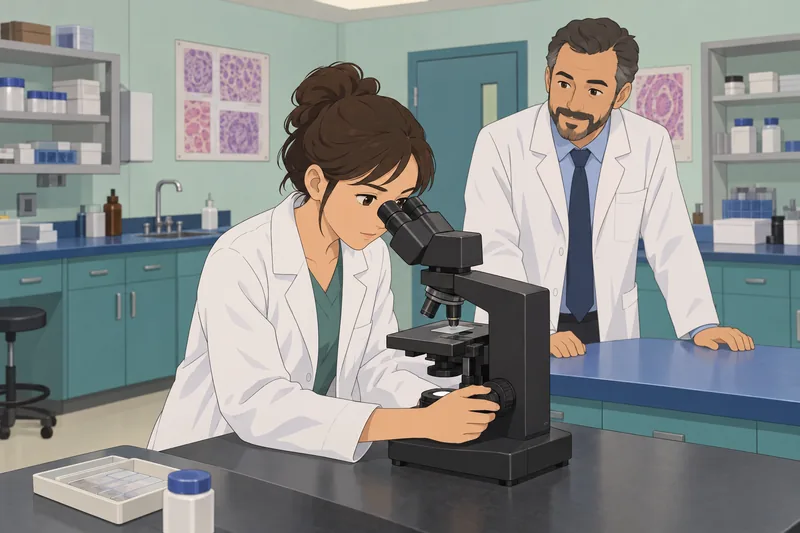 El cuestionario de patología muestra tejido al microscopio.