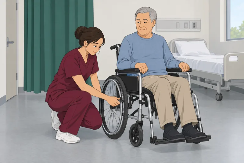 Patient Safety Quiz: a nurse checks wheelchair brakes.