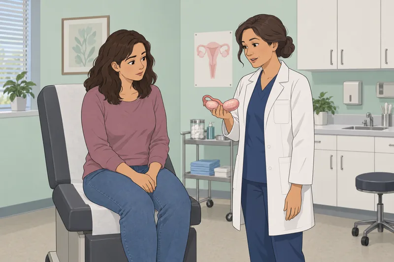 PCOS Quiz frames a calm clinic consultation.