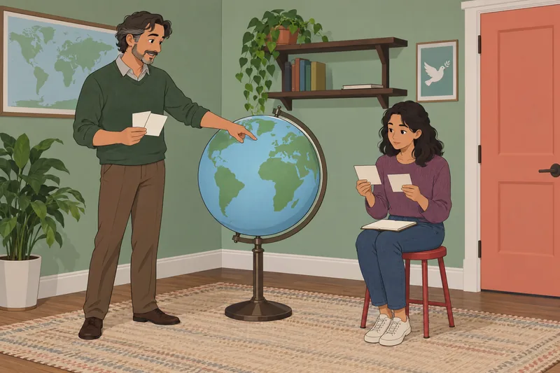 Peace Quiz shows learning beside a globe.