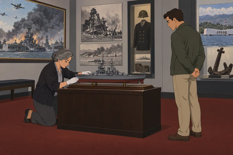 Pearl Harbor Quiz presents a historic ship model.