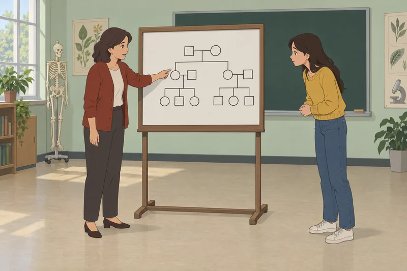 Pedigree Quiz shows a teacher tracing family links.