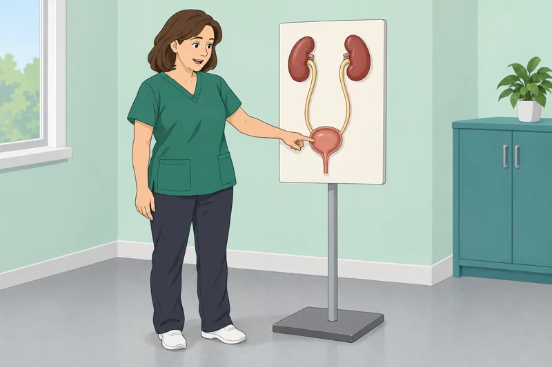 Pee Quiz shows a clinic bladder model.