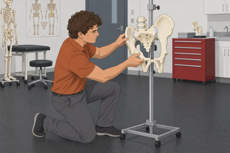 Pelvic Girdle Quiz: trainee examines a joint model.