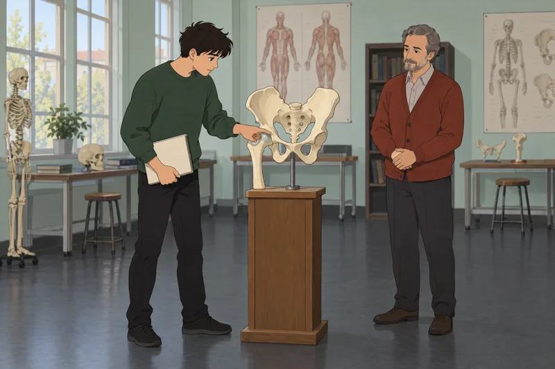 Pelvic Girdle Quiz: student studies pelvic model.
