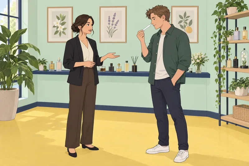 Perfume Quiz shows a visitor sampling a scent.