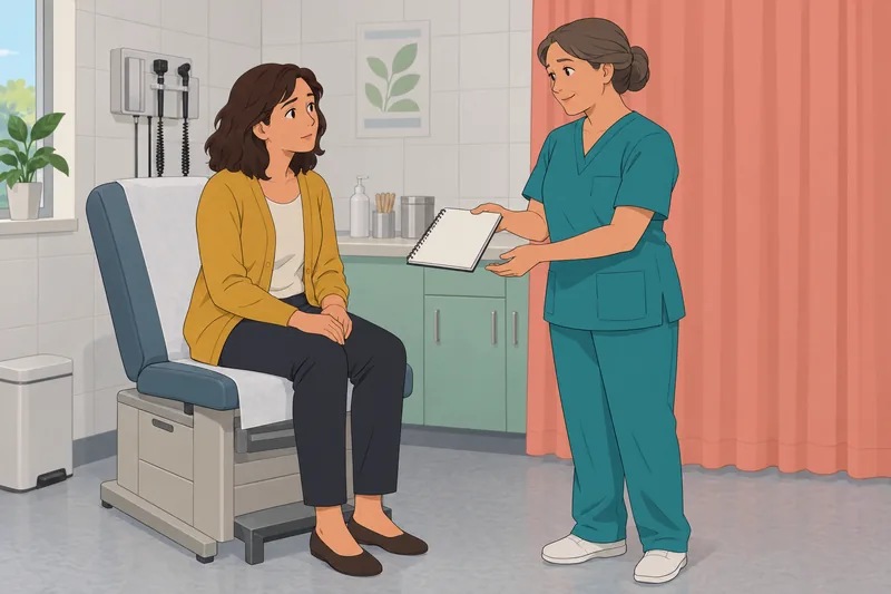 Period Quiz: patient reviews cycle symptoms.
