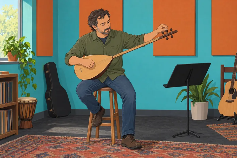 Perm Ethnic Self listens to a traditional string instrument.