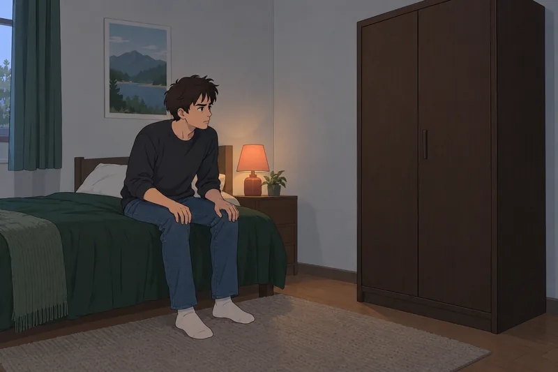 Student Trait Anxiety watches a closed wardrobe.