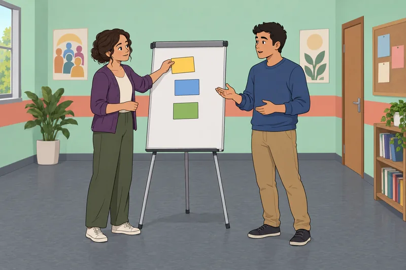 orientación de la comunicación muestra colegas ordenando tarjetas.
