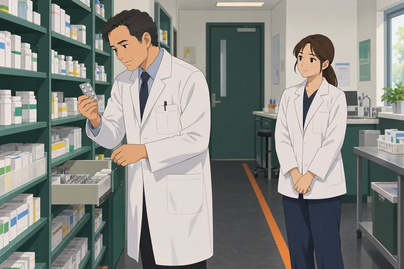 Pharmacology Quiz shows a pharmacist checking medicine packs.