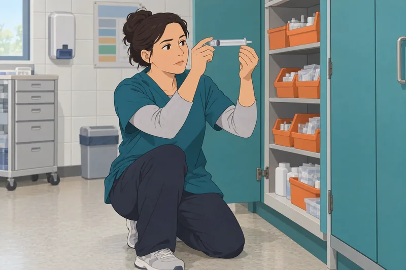 Pharmacy Abbreviations Quiz: technician checks an oral syringe.