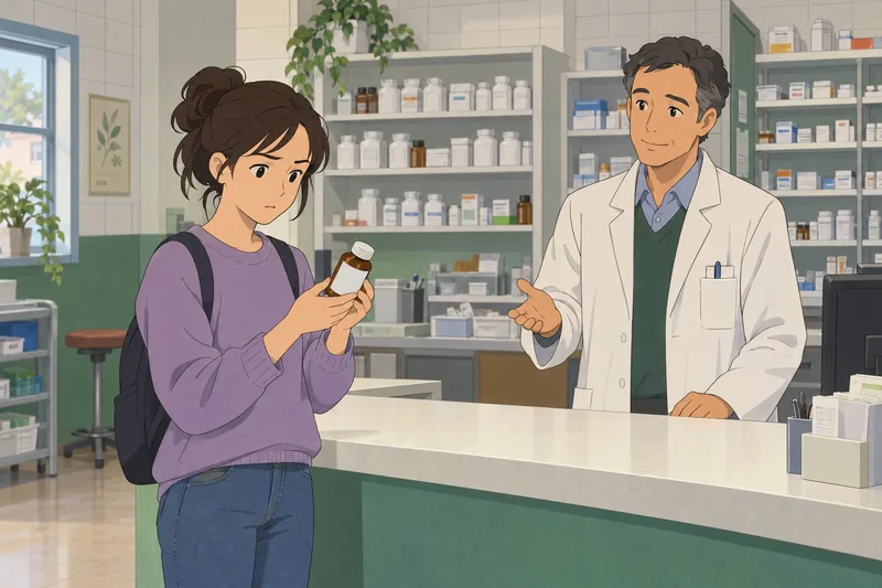 Pharmacy Abbreviations Quiz: trainee reads a medicine bottle.